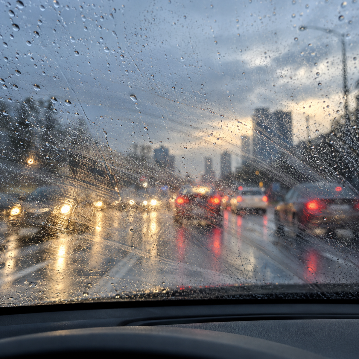 Parabrisas con residuos en día de lluvia